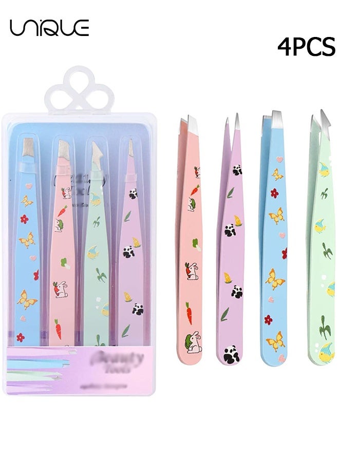 Unique 4 Pcs Tweezers for Eyebrows and Pointed Eyebrow Tweezer Set - High Precision Stainless Steel Eyebrow Tweezers for Facial Hair, Eyebrow Grooming, Ingrown Hair Splinter Removal Suitable for Women and Men Remover, Colorful - Image 1